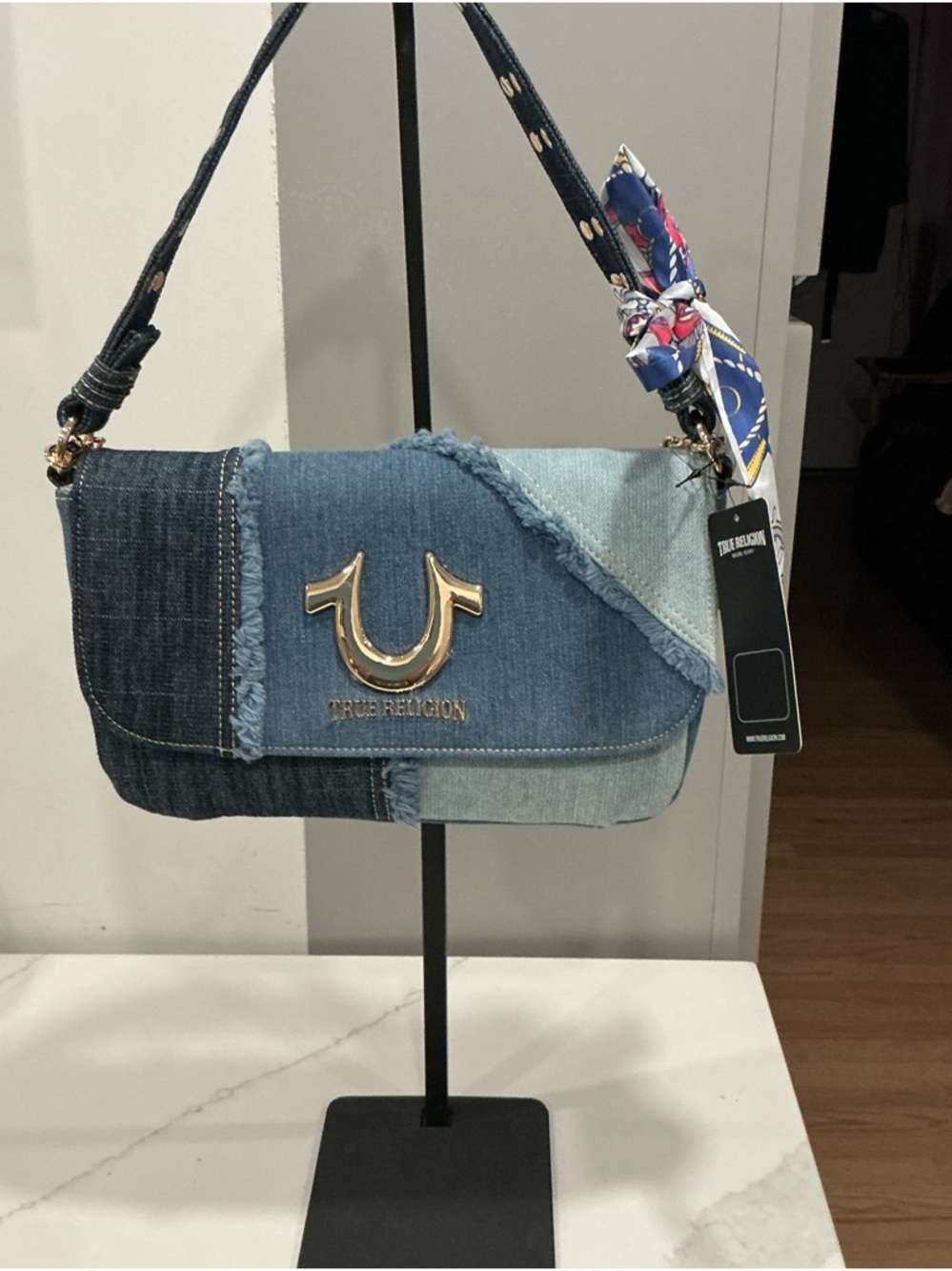 True Religion Patchwork Denim Shoulder Bag with Gold Logo